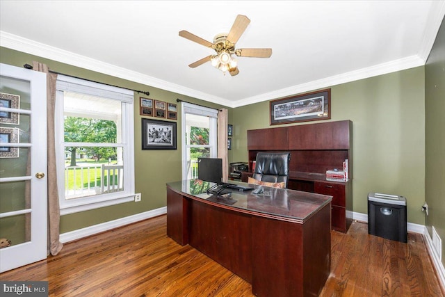8412 Dasher Ct, Gaithersburg, MD 20882 - office area with baseboards, dark wood-style floors, ornamental molding, and ceiling fan