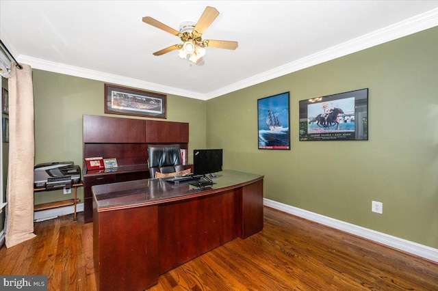 8412 Dasher Ct, Gaithersburg, MD 20882 - office area with baseboards, dark wood-type flooring, crown molding, and a ceiling fan