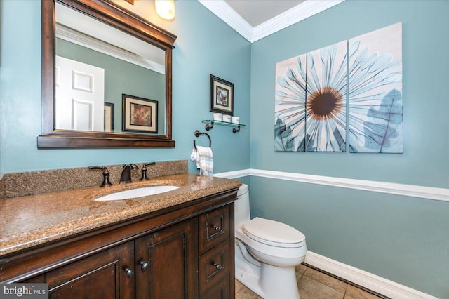 8412 Dasher Ct, Gaithersburg, MD 20882 - half bathroom with ornamental molding, toilet, vanity, tile patterned floors, and baseboards