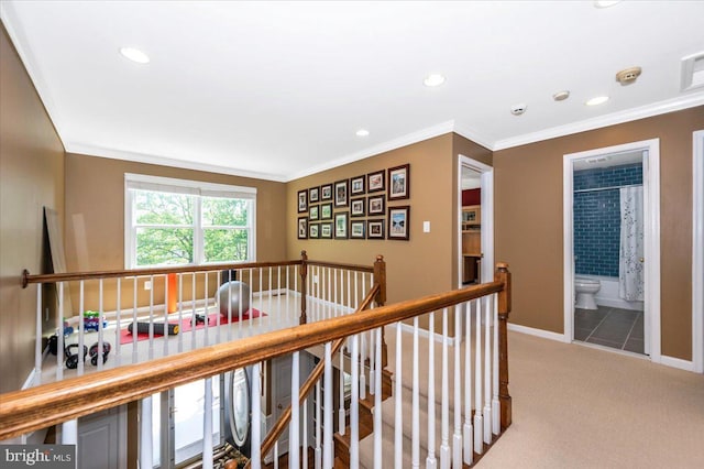 8412 Dasher Ct, Gaithersburg, MD 20882 - hall with an upstairs landing, carpet flooring, recessed lighting, baseboards, and crown molding