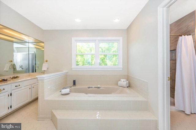 8412 Dasher Ct, Gaithersburg, MD 20882 - bathroom featuring vanity, a garden tub, tile patterned flooring, and a shower with curtain