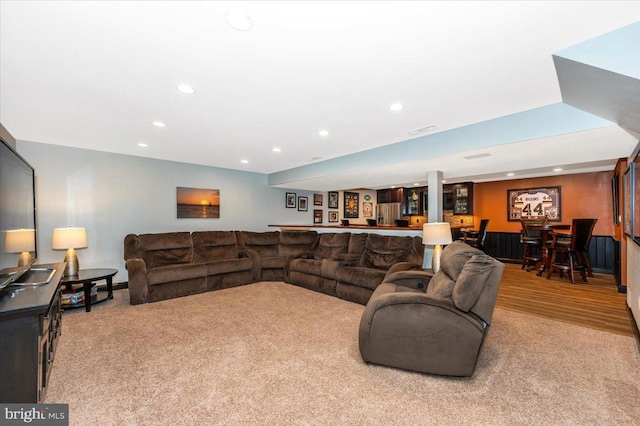 8412 Dasher Ct, Gaithersburg, MD 20882 - living room featuring bar area, recessed lighting, and carpet