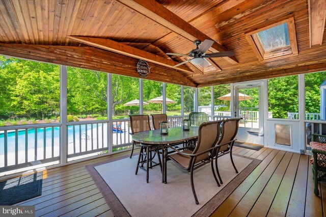 8412 Dasher Ct, Gaithersburg, MD 20882 - sunroom featuring vaulted ceiling, a ceiling fan, a skylight, and healthy amount of natural light