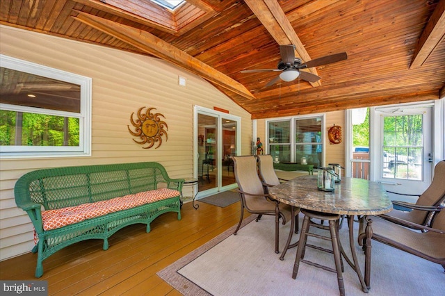 8412 Dasher Ct, Gaithersburg, MD 20882 - sunroom / solarium with wooden ceiling, ceiling fan, a skylight, wood-type flooring, and a wooden deck