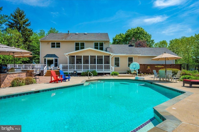 8412 Dasher Ct, Gaithersburg, MD 20882 - view of pool with a sunroom, a patio area, fence, and outdoor dining area
