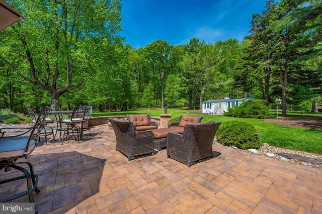 8412 Dasher Ct, Gaithersburg, MD 20882 - view of patio / terrace featuring an outdoor structure, outdoor lounge area, outdoor dining space, and a view of trees