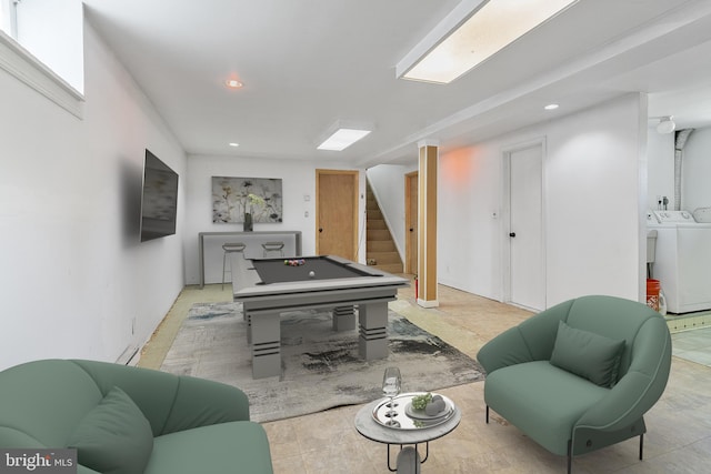 1722 Antler Ln, Finksburg, MD 21048 - living room featuring billiards, stairway, recessed lighting, independent washer and dryer, and a baseboard radiator