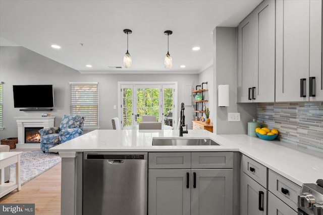 43426 Edgecliff Ter, Ashburn, VA 20147 - kitchen featuring dishwasher, a peninsula, open floor plan, backsplash, and gray cabinetry