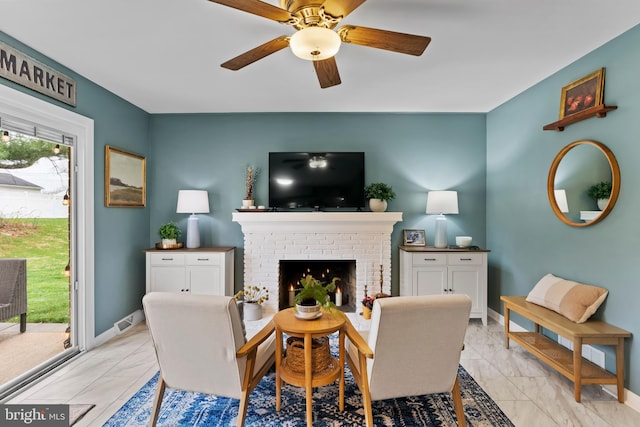 3 Round Hill Rd, Camp Hill, PA 17011 - living room with ceiling fan, a fireplace, visible vents, marble finish floor, and baseboards