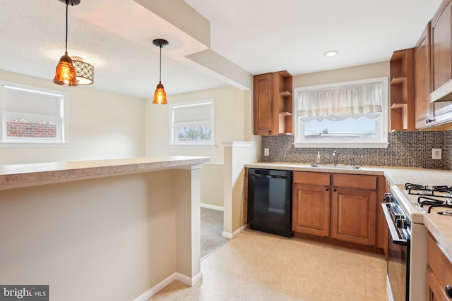 kitchen featuring light countertops, open shelves, gas stove, black dishwasher, and brown cabinetry
