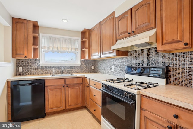 kitchen with open shelves, under cabinet range hood, range with gas stovetop, a sink, and dishwasher