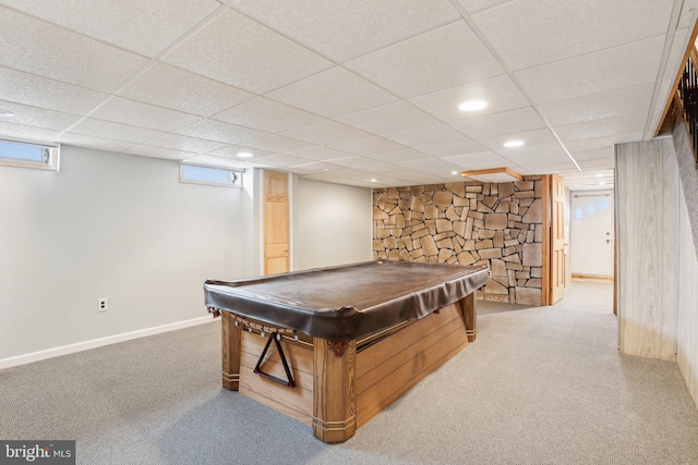 game room with carpet, billiards, baseboards, recessed lighting, and a paneled ceiling