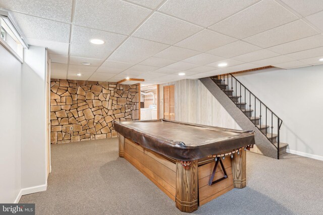 recreation room featuring baseboards, recessed lighting, carpet floors, pool table, and a paneled ceiling