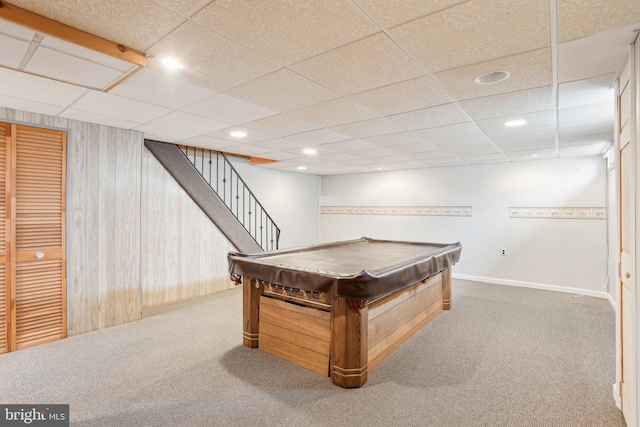game room featuring carpet floors, pool table, and a drop ceiling