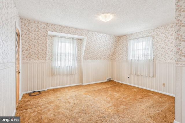 carpeted spare room with wallpapered walls, a textured ceiling, a healthy amount of sunlight, and wainscoting