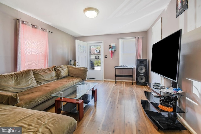 living room with baseboards and light wood-style floors
