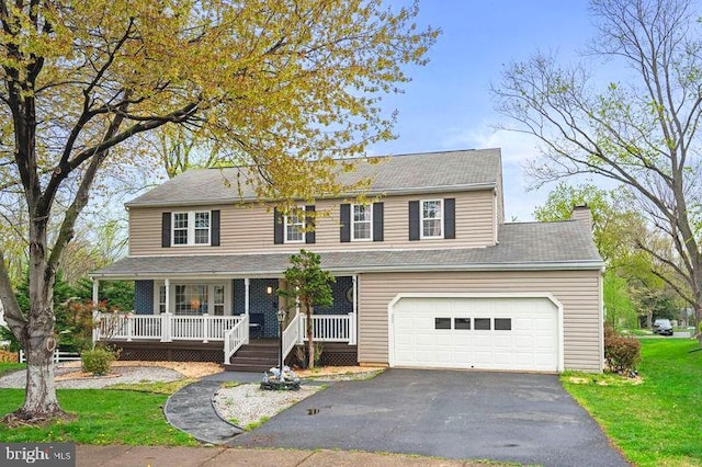 view of front facade with a chimney, covered porch, driveway, and a front lawn