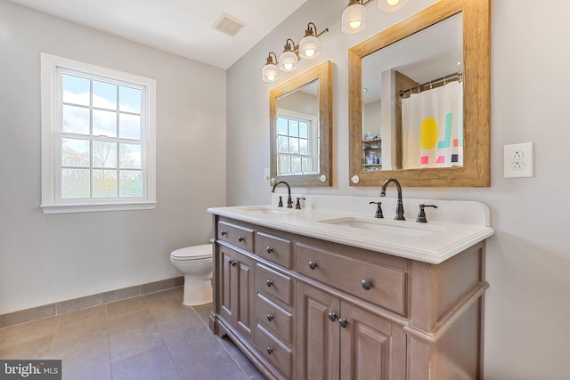 full bath featuring a wealth of natural light, visible vents, a sink, and toilet