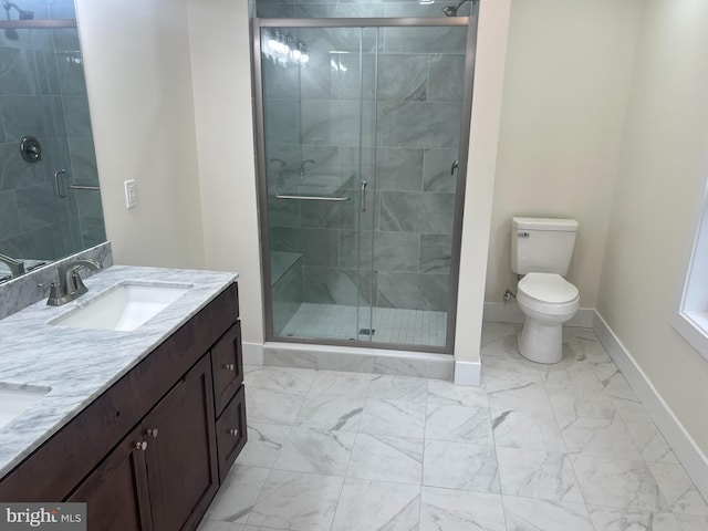 21 Piute Trl, Albrightsville, PA 18210 - bathroom with marble look tile flooring, double vanity, baseboards, toilet, and a stall shower