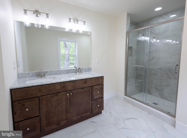 21 Piute Trl, Albrightsville, PA 18210 - full bath with marble finish floors, a stall shower, baseboards, double vanity, and recessed lighting