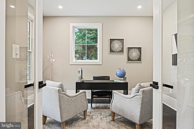 home office with baseboards, french doors, wood finished floors, and recessed lighting