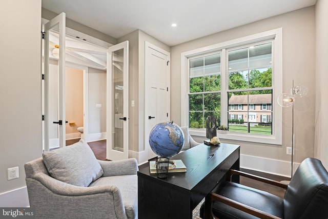 home office featuring recessed lighting, baseboards, and french doors