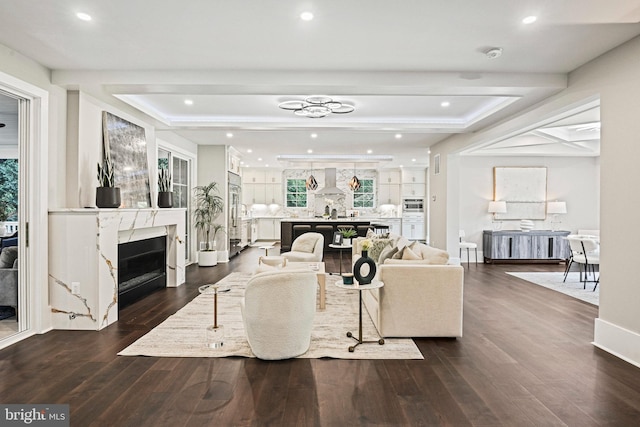 living area featuring a raised ceiling, recessed lighting, dark wood-style floors, and a fireplace