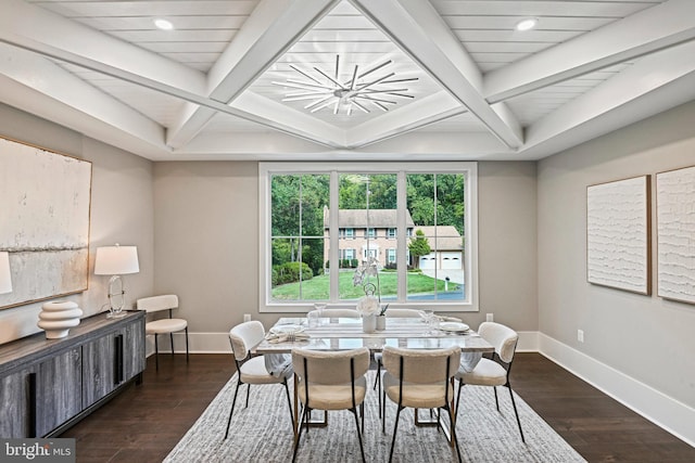 dining area featuring beamed ceiling, baseboards, and coffered ceiling