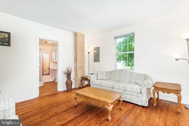 24171 Adelaide St, Parksley, VA 23421 - living room featuring wood finished floors, visible vents, baseboards, and electric panel