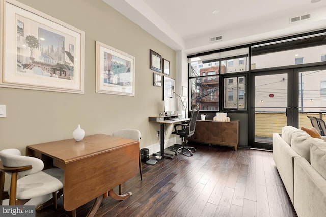 office featuring visible vents, wood-type flooring, and french doors