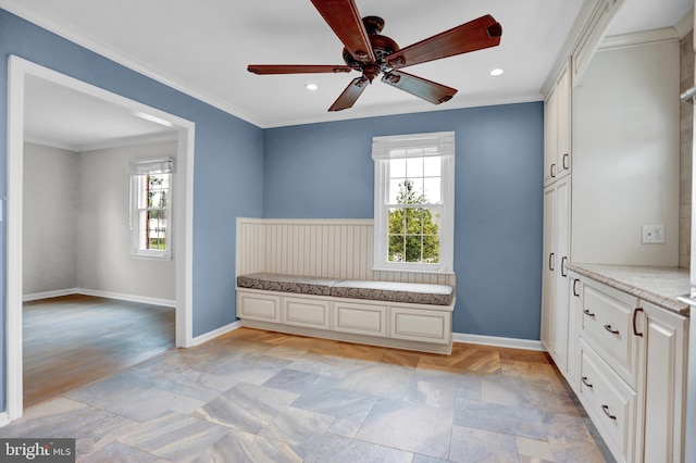 3228 Canterbury Ln, Fallston, MD 21047 - unfurnished bedroom with crown molding, light stone finish floors, recessed lighting, baseboards, and ceiling fan