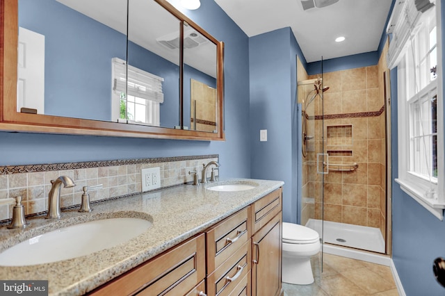 3228 Canterbury Ln, Fallston, MD 21047 - full bathroom with tile patterned floors, toilet, a stall shower, double vanity, and recessed lighting