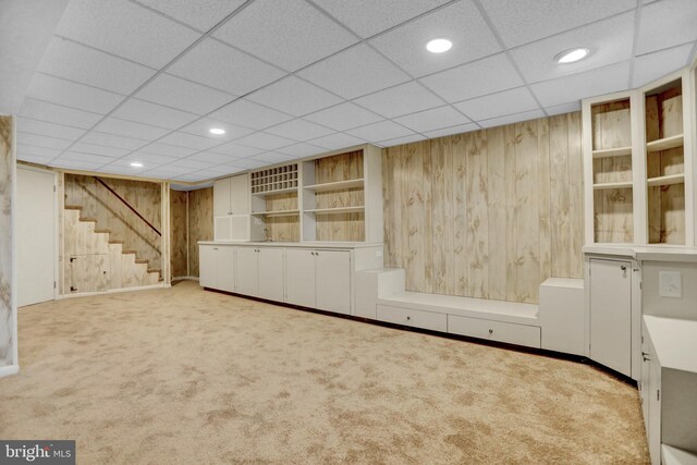 3228 Canterbury Ln, Fallston, MD 21047 - bar with stairs, wood walls, recessed lighting, carpet flooring, and a paneled ceiling