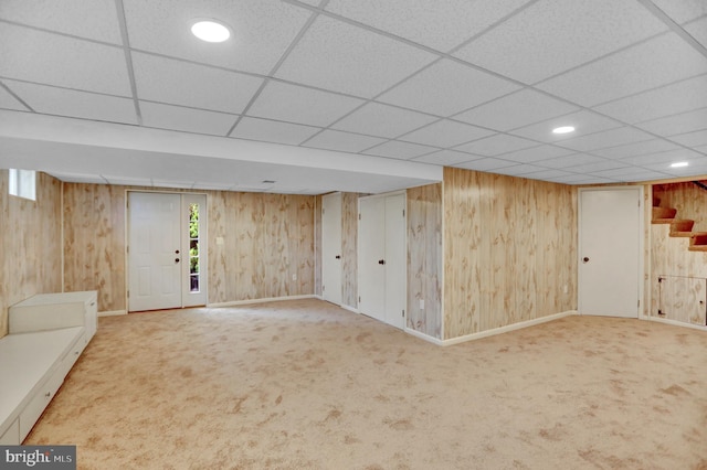 3228 Canterbury Ln, Fallston, MD 21047 - below grade area featuring carpet floors, wooden walls, stairway, a drop ceiling, and recessed lighting
