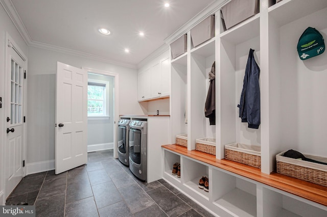 312 Center Hill Rd, Wilmington, DE 19807 - washroom featuring baseboards, ornamental molding, recessed lighting, washing machine and dryer, and cabinet space
