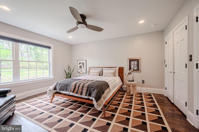 312 Center Hill Rd, Wilmington, DE 19807 - bedroom featuring recessed lighting, dark wood-style flooring, baseboards, and a ceiling fan