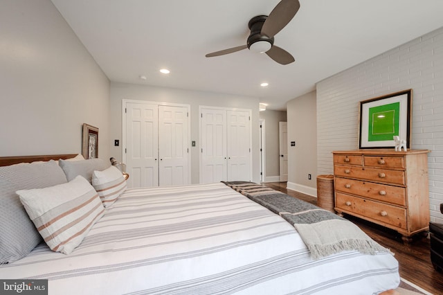 312 Center Hill Rd, Wilmington, DE 19807 - bedroom featuring baseboards, a ceiling fan, multiple closets, recessed lighting, and wood finished floors