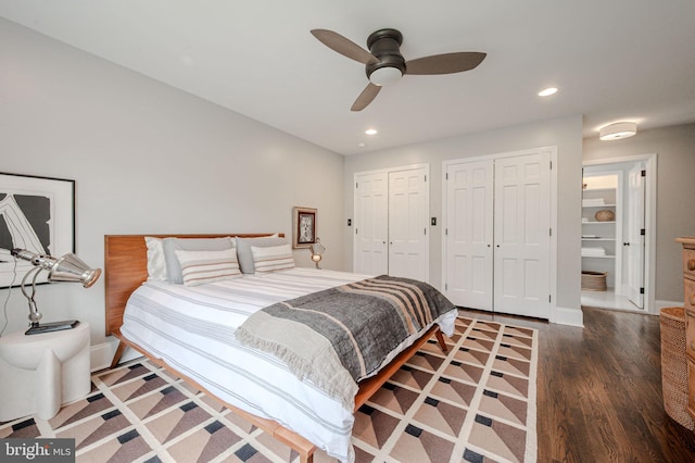 312 Center Hill Rd, Wilmington, DE 19807 - bedroom featuring recessed lighting, two closets, wood finished floors, and a ceiling fan