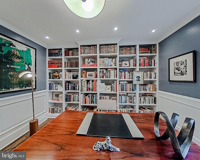 312 Center Hill Rd, Wilmington, DE 19807 - office area with recessed lighting, a decorative wall, built in shelves, and wainscoting