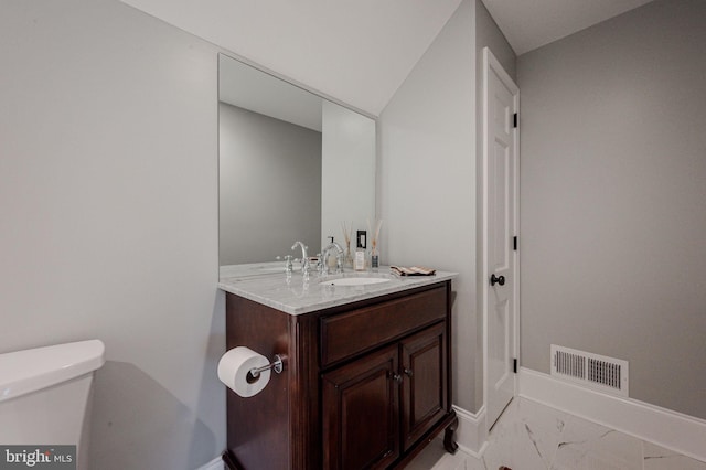 312 Center Hill Rd, Wilmington, DE 19807 - half bathroom with vanity, visible vents, toilet, marble finish floor, and baseboards