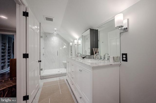 312 Center Hill Rd, Wilmington, DE 19807 - bathroom featuring double vanity, a marble finish shower, a sink, and visible vents
