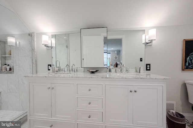 312 Center Hill Rd, Wilmington, DE 19807 - full bathroom with double vanity, a marble finish shower, and a sink