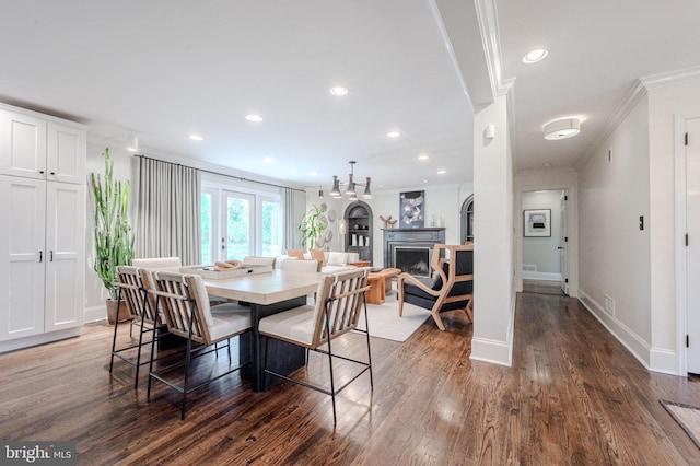 312 Center Hill Rd, Wilmington, DE 19807 - dining area with baseboards, ornamental molding, recessed lighting, a fireplace, and dark wood finished floors