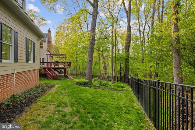 view of yard featuring a fenced backyard, stairs, and a wooden deck