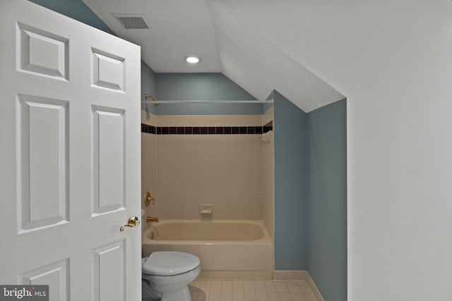 full bath featuring shower / bath combination, visible vents, tile patterned floors, toilet, and lofted ceiling