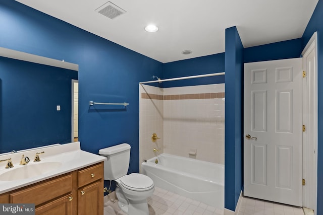 full bath with visible vents, tile patterned flooring, vanity, shower / bathtub combination, and toilet