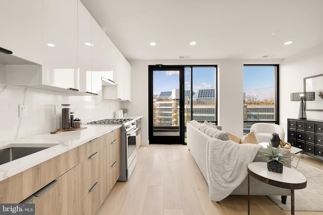 kitchen with stainless steel gas range, modern cabinets, tasteful backsplash, light wood-type flooring, and light stone counters