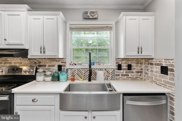 312 Richards Ferry Rd, Fredericksburg, VA 22406 - kitchen with appliances with stainless steel finishes, range hood, a sink, decorative backsplash, and white cabinetry