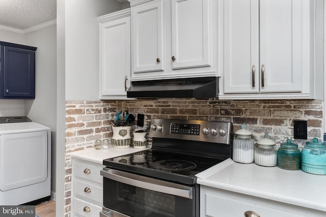 312 Richards Ferry Rd, Fredericksburg, VA 22406 - kitchen featuring electric stove, washer / clothes dryer, under cabinet range hood, crown molding, and decorative backsplash