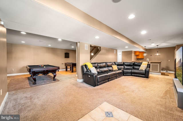 living area with billiards, recessed lighting, baseboards, and light carpet